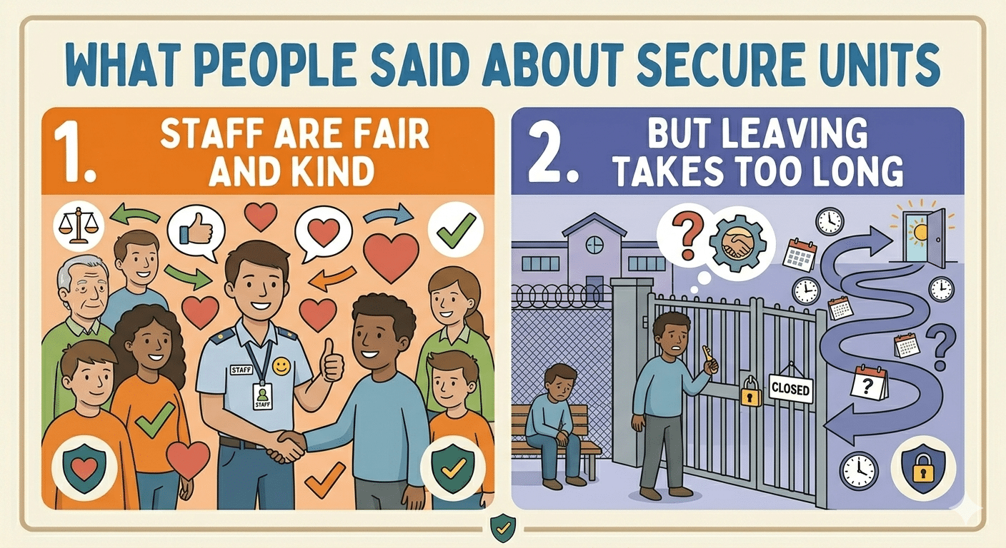 In secure units, people said staff are fair, but leaving takes too long.